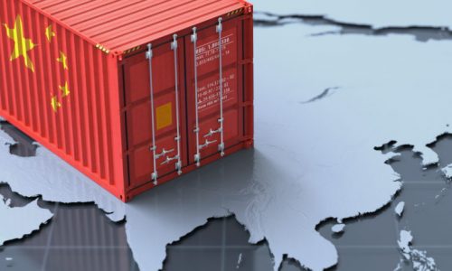 Chinese freight container on map of asia